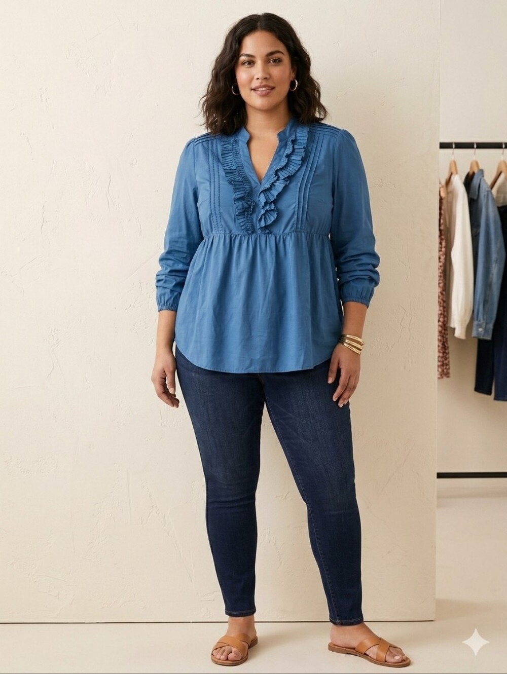 a.n.a XL Royal Blue Ruffle V-Neck Long Sleeve Blouse Side Zipper